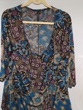 Susan Lawrence Multicolor Boho V-Neck Tunic — Blue, Purple, Black, Gold XL